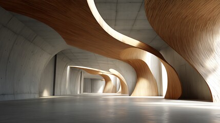 Abstract concrete and wood interior. Sunlight streams through curves