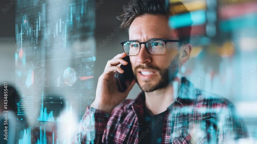 Poster focused analyst: a concentrated man wearing glasses makes a phone call while reviewing data projecte