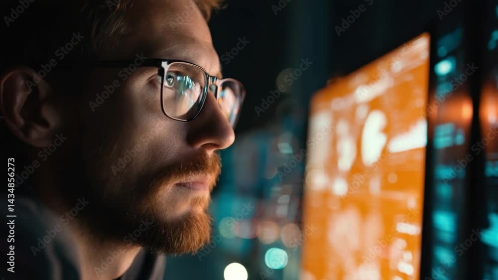 Poster focused programmer: a man wearing glasses intently studies a computer screen filled with lines of co