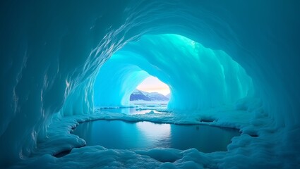 bioluminescent ice cave hidden deep within a melting glacier during the blue hour