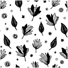 Monochrome botanical pattern featuring stylized blossoms and leaf elements