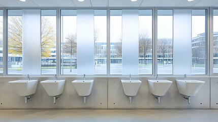 Modern minimalist bathroom with six sinks, large window overlooking city buildings and trees. Clean, bright, contemporary design.