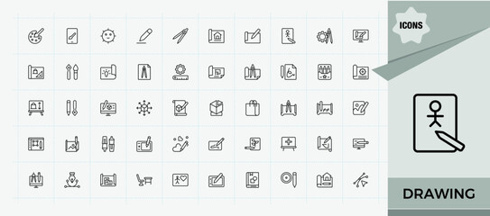 Drawing linear icon collection. Contains such symbols as graphic, artist, art, draw, designer, creative and more. Artist icon set. Minimalist editable vector stroke. Vector artwork and illustration.