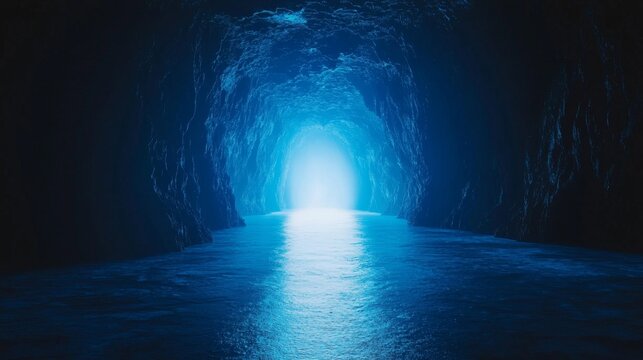 Ethereal Cave with Illuminated Water and Glowing Light at the End of the Tunnel