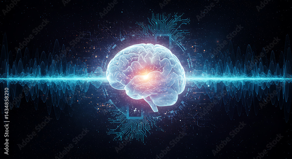 Poster a brain is illuminated from within against a dark background with abstract circuit patterns and glow