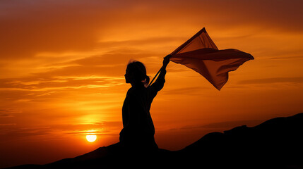 Woman holding flag in silhouette against a vibrant orange sky