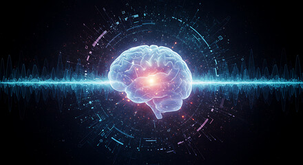 Obraz premium Brain activity illustrated with soundwaves and a network pattern around the brain, suggesting neurological connections and information.