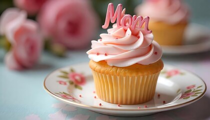 Cute cupcake with "Mom" decoration served on a pastel plate for Mother's Day. Design Element for Greeting Cards, Advertising, Banners, Leaflets and Flyers, created with generative ai