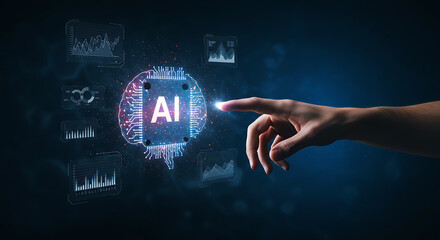 Artificial Intelligence Interface: A hand touches a digital AI brain, surrounded by data visualizations on a modern interface. 