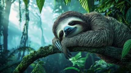 Fototapeta premium Sleepy Sloth Relaxing on a Branch Surrounded by Lush Greenery in a Peaceful Jungle Setting