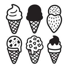 A black and white illustration of six simple ice cream icons
