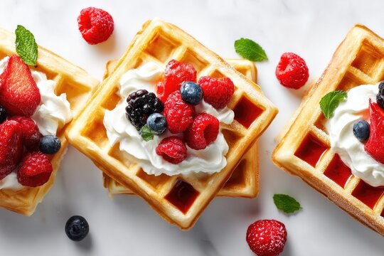 Delicious waffles topped with whipped cream and mixed berries.
