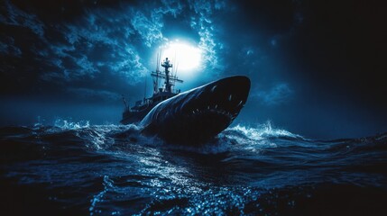 Fototapeta premium Nightmare on the Sea: A colossal shark breaches the ocean's surface near a vessel