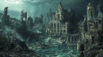 Fototapeta premium Abandoned and Ruined City Landscape Underwater with Dramatic Lighting and Dark Atmospheric Tones Evoking Mystery and Desolation