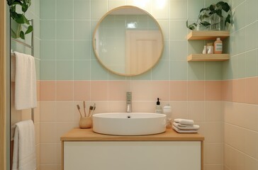 Small cozy bathroom with soft pastel tiles, round mirror