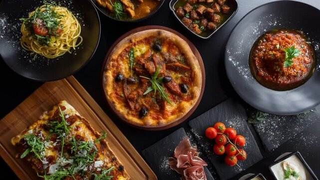 Culinary Feast: A delectable array of gastronomic delights unfolds, showcasing a gourmet pizza, pasta, and other tantalizing dishes. An ode to culinary artistry.