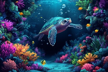 Fototapeta premium Sea turtle swims coral reef, ocean background, vibrant colors, underwater scene, nature