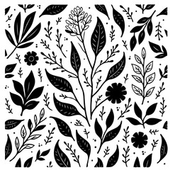 Botanical medley of stylized flora in a black and white decorative pattern