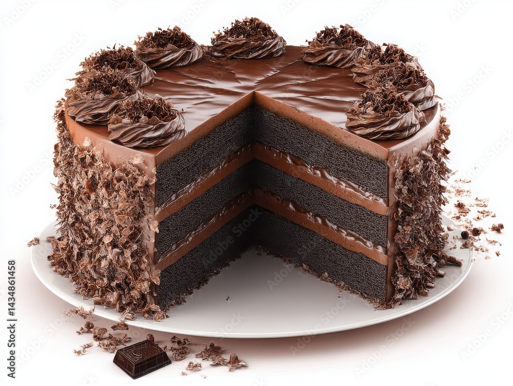 Poster a chocolate layer cake with chocolate shavings and frosting swirls on a white plate with a slice mis