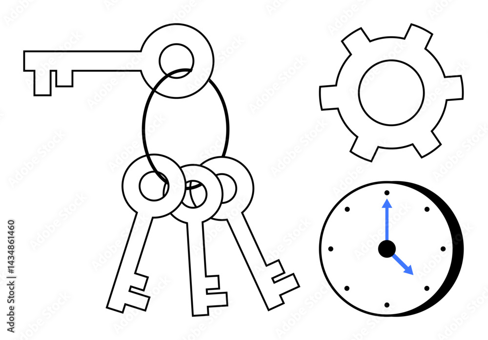 Poster group of keys linked on a ring, a gear symbolizing systems, and a clock for time. ideal for security