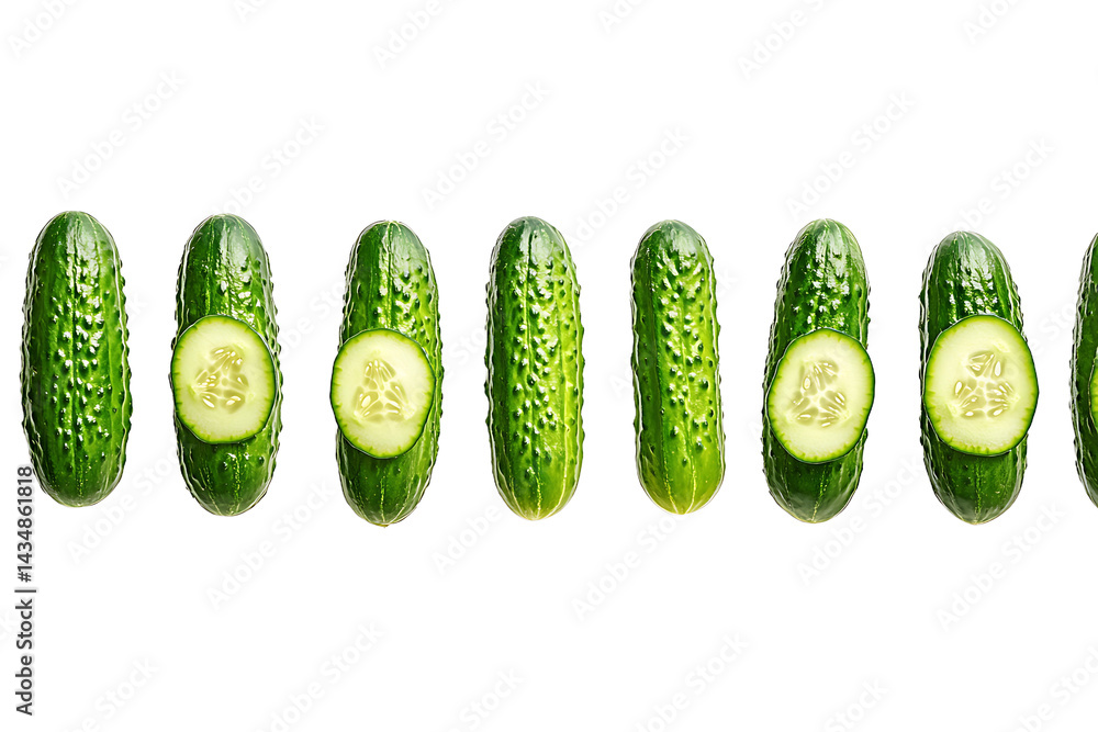 Poster arrangement of whole and sliced cucumbers on a black background in a horizontal composition