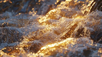 Glimmering River Water Over Stones in Golden Hour Light with Bubbles and Reflections Capturing Natural Beauty and Serenity