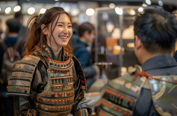 Fototapeta premium Dressed in eye catching Samurai armor, a Japanese woman brings fun and warmth to business conversations at a trade fair.