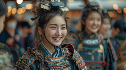 Obraz premium Dressed in eye catching Samurai armor, a Japanese woman brings fun and warmth to business conversations at a trade fair.