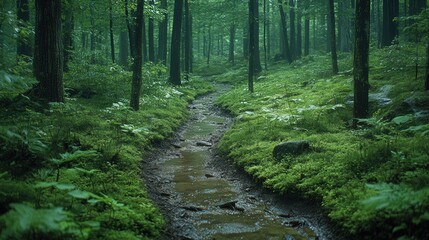 Fototapeta premium Lush, moss-covered forest trail winding through a tranquil stream.