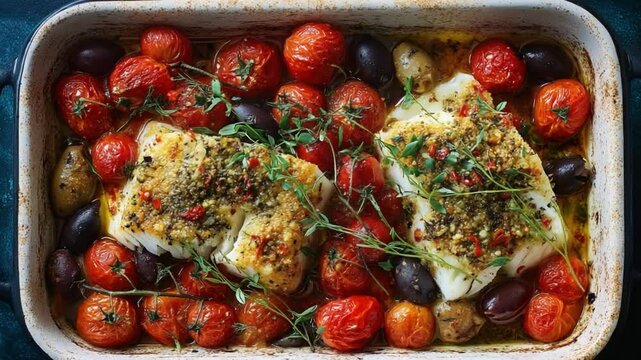 Overhead view of baked cod with cherry tomatoes and olives