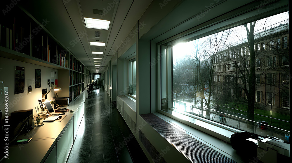 Poster serene office corridor with large windows overlooking a tree-lined street and classic architecture. 