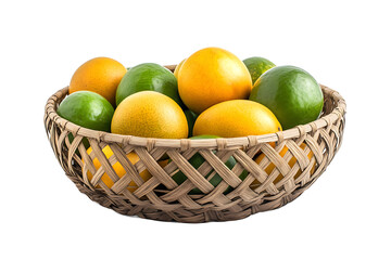 A wicker basket filled with a mix of yellow oranges and green limes on a black background studio shot