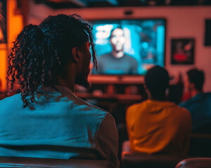 Young man with curly hair watching TV with friends in a dimly lit room, cinematic vibe.