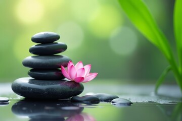 Obraz premium Tranquil composition of stacked zen stones with lotus flower and bamboo, flower, tranquil