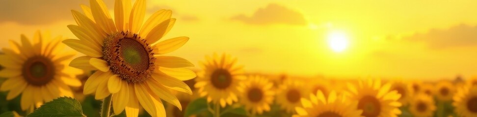Naklejka premium Giant sunflowers, vibrant yellow blooms against sunny backdrop, bright, detail