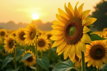Obraz premium Golden hour light bathes towering sunflowers, dew-kissed petals , texture, sunrise, rural landscape