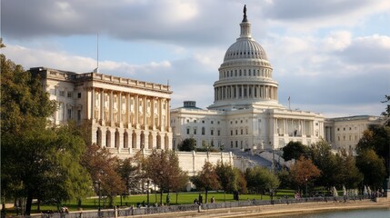 Obraz premium The United States Capitol building under a cloudy sky.