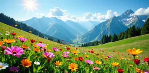 Vibrant wildflowers carpet a sun-drenched meadow, majestic mountains rise in the distance , mountains, tranquil, vista