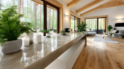 Luxurious modern living room interior design showcasing a sleek countertop, hardwood floors, and large windows overlooking a tranquil forest.
