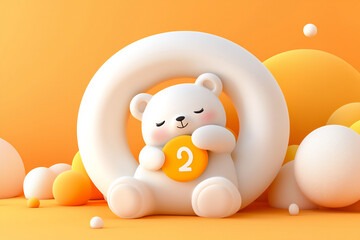 Naklejka premium adorable bear hugging the number 2, soft orange background, simple shapes