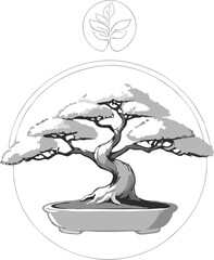 Flat vector cherry bonsai icon. Serene Bonsai Tree: A Monochromatic Illustration