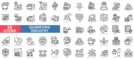 Quarrying industry icon collection set. Containing extraction, mining, quarry, minerals, excavation, blasting, drill, quarryman, equipment, aggregate icon. Simple outline vector illustration.