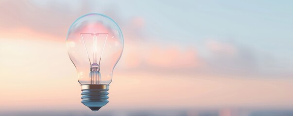 A glowing light bulb suspended against a pastel sky, symbolizing creativity, innovation, and bright ideas.