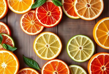 Obraz premium Vibrant citrus fruit slices, scattered on rustic wood background, wood, peel