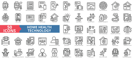Home health technology icon collection set. Containing smartwatch, fitness tracker, blood pressure, smart scale, remote patient monitoring, telemedicine icon. Simple outline vector illustration.