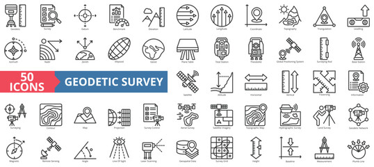 Geodetic survey icon collection set. Containing survey, datum, benchmark, elevation, latitude, longitude, coordinate, topography, azimuth, theodolite icon. Simple outline vector illustration.