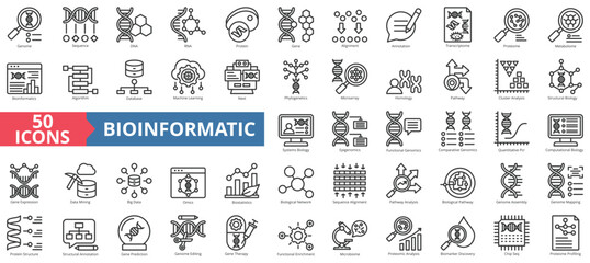 Bioinformatic icon collection set. Containing genome, sequence, dna, rna, protein, gene, alignment, annotation, transcriptome, proteome, metabolome icon. Simple outline vector illustration.
