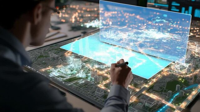 Urban Planning and Smart Technology: A visionary urban planner studies the digital map with his smart device and futuristic interface.