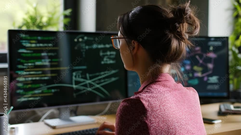 Poster code in the making: a woman engrossed in coding, focusing on her work. showcasing the creativity and