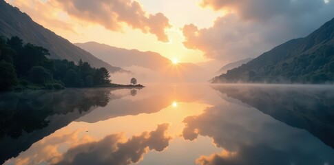 Golden light breaks through, illuminating a cloud inversion over the Lake District's serene lakes , clouds, peaceful, vibrant